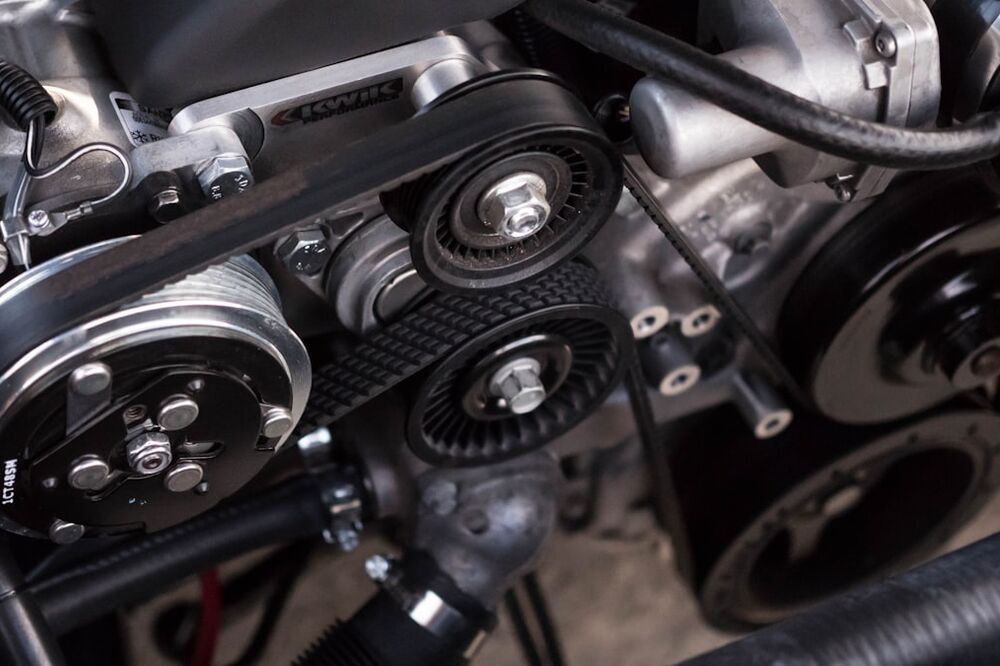 Engine belts and pulleys in close-up